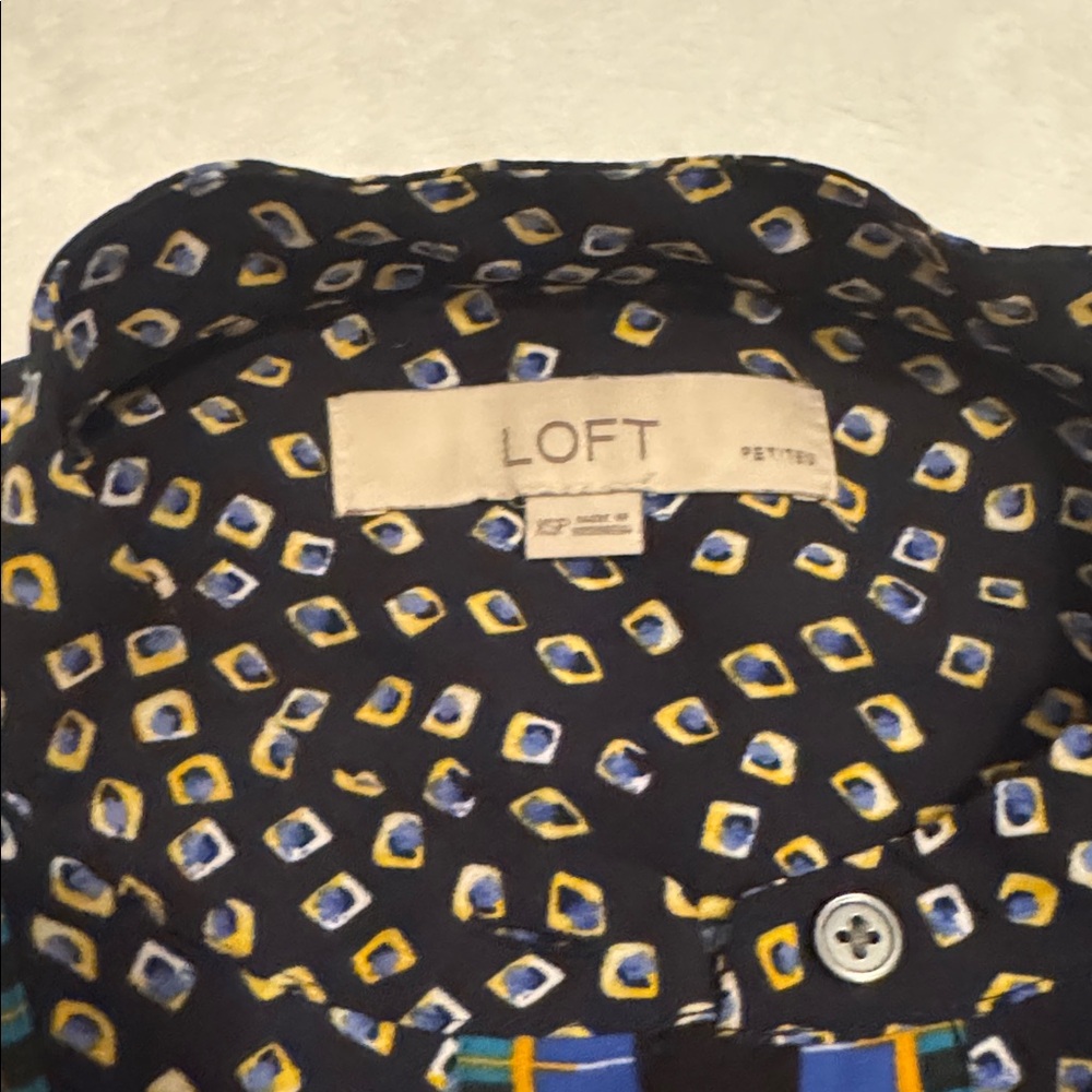 LOFT Petite Mixed Print Long Sleeve Blouse Navy Yellow Size PS - Picture 2 of 3